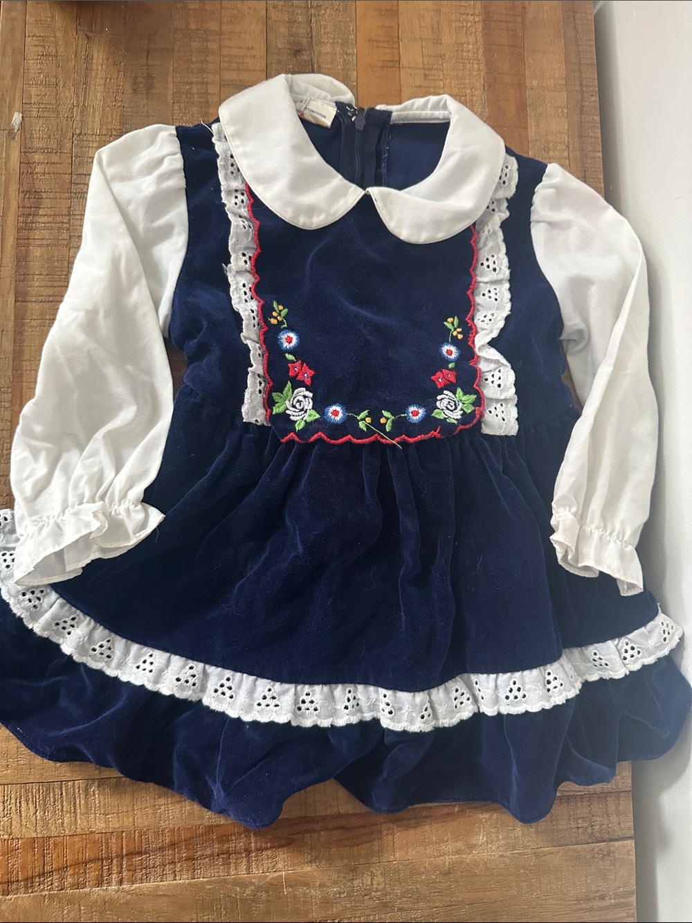 Navy Blue Velvet Floral Trim Kids Ukraine Dress with White Collar 12 mth vintage
